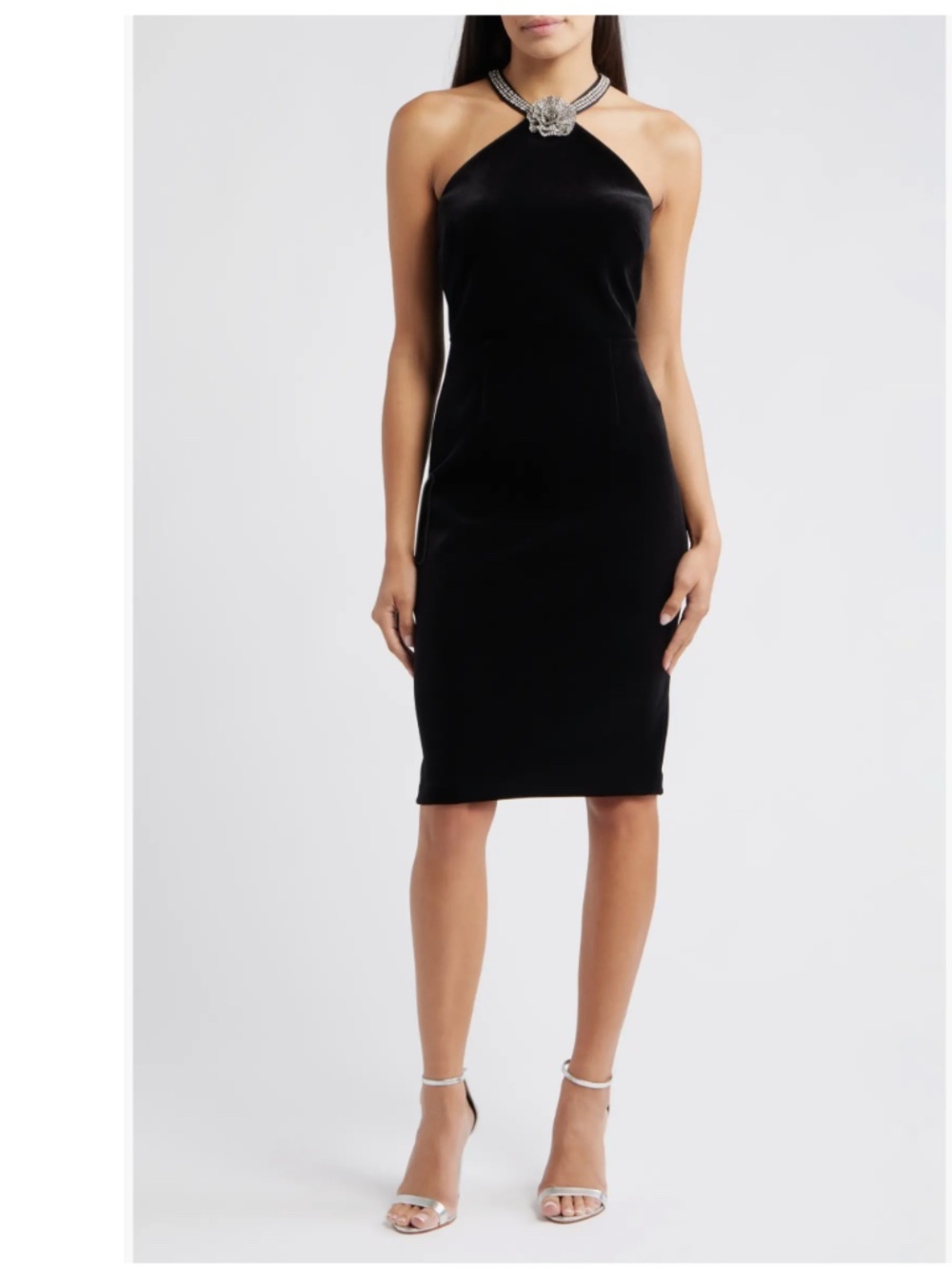 Eliza J. Black Velvet Crystal Flower Rosette Halter Cocktail Pencil Dress 10 New